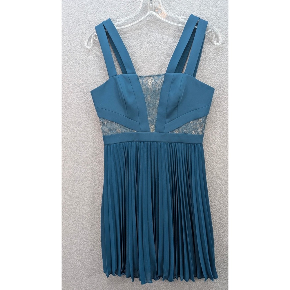 BCBGMAXAZRIA Tenzin Lace Pleated Cocktail Mini Dress Dark Teal Size 2 Party NWT - Picture 2 of 12